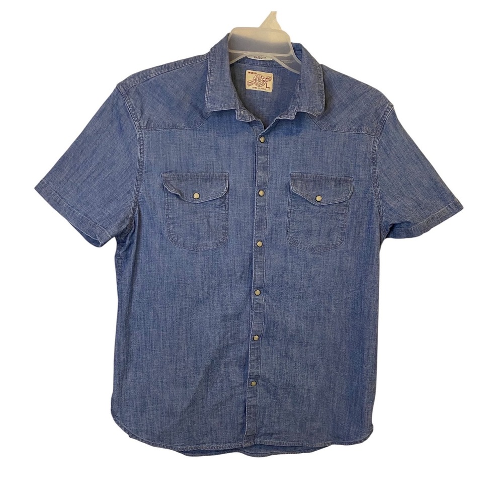 Lucky Brand Mens Blue Denim Western Snap Short Sleeve Shirt Classic Fit Large